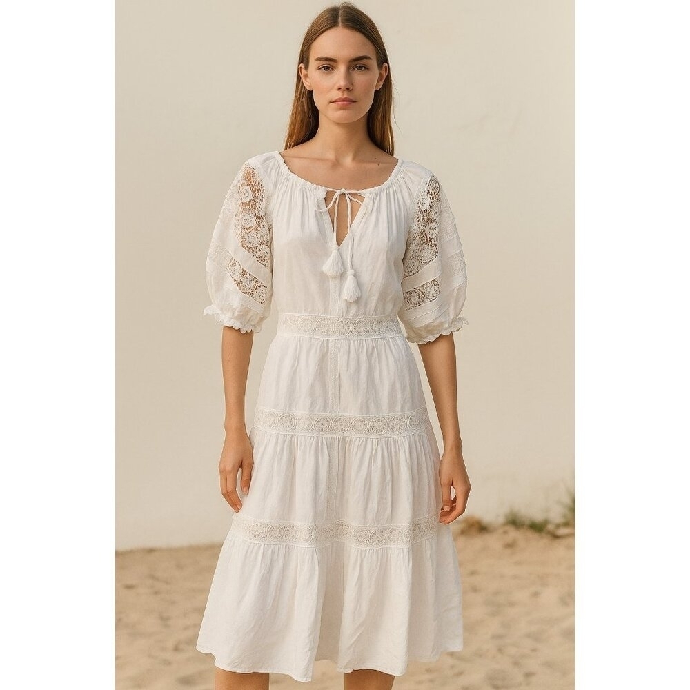 En Saison White Eyelet Midi Dress XS Boho Lace Peasant Summer Cottagecore Flowy